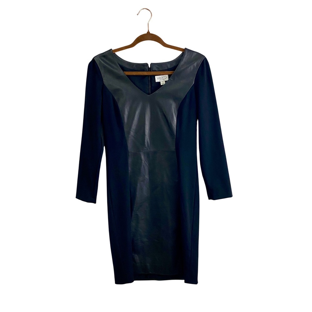 Vakko New York‎ Black Leather Combo Shift Dress V-Neck Size 8 Zip Back